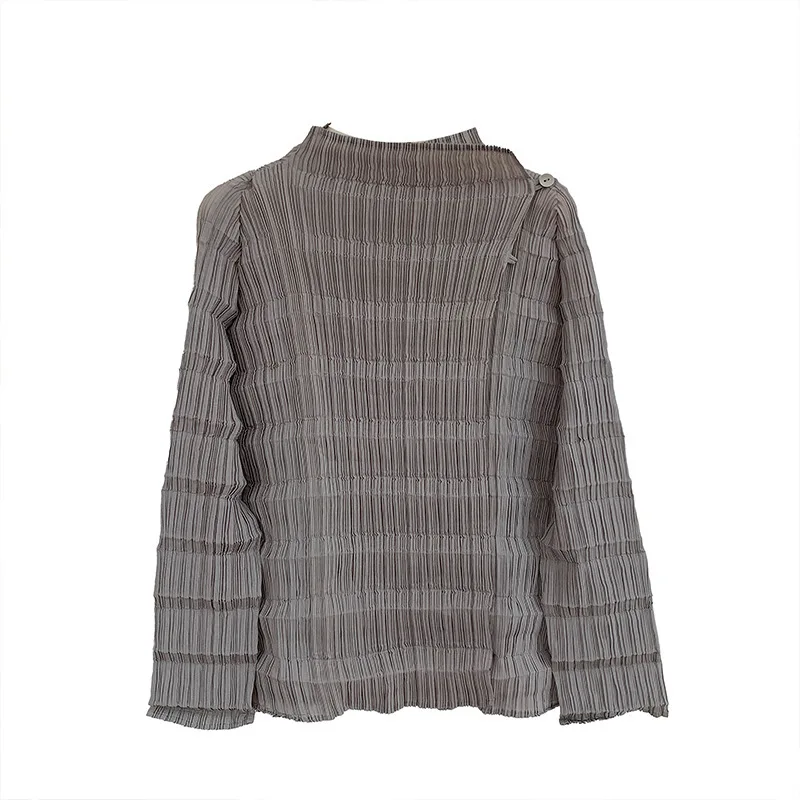 YFPF Miyake geplooid ontwerp shirt voor dames mode effen kleur knop lange mouw blouse streetwear 2025, nieuwe kleding