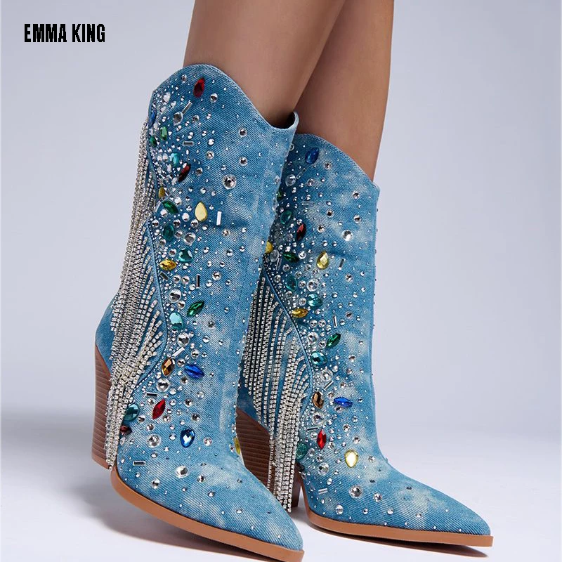 Sexy Bling Crystal Mid Calf Boots Pointy Toe Rhinestone Heel Boots Runway Party Shoe for Women 2024 Luxury Fashion Boots