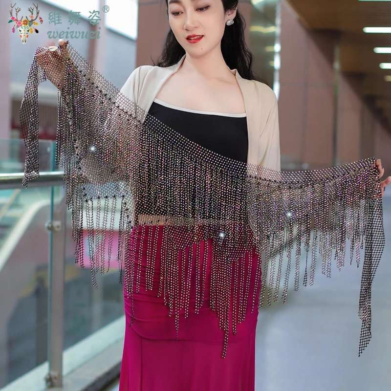 เข็มขัดเต้นรำท้องสำหรับผู้หญิง AB Stones Tassel Triangle Hip Scarf Adult Oriental Dance Practice Accessories Belts