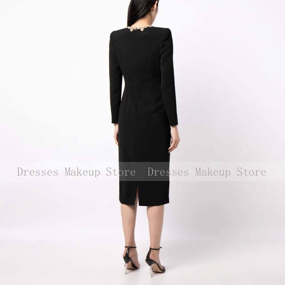 Luxury Cocktail Dress Long Sleeves Knee Length Crystal Midi Cocktail Gowns for Women O Neck Sheath/Column Black Party Dresses
