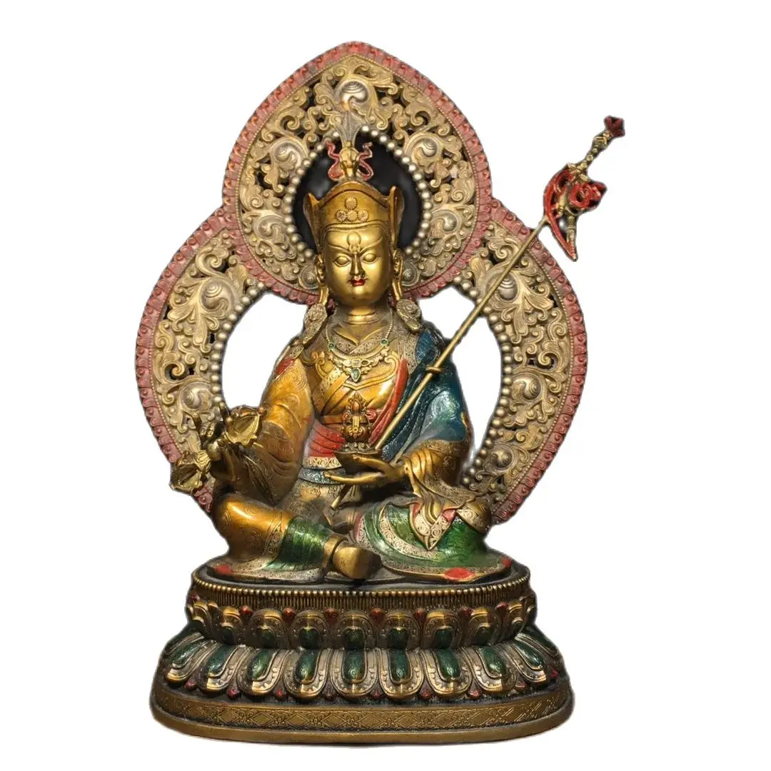 Buddha statue Pure copper painted Tibetan Buddhist lotus master Length 26cm, width 14.5cm, height 34cm, weight 2100g