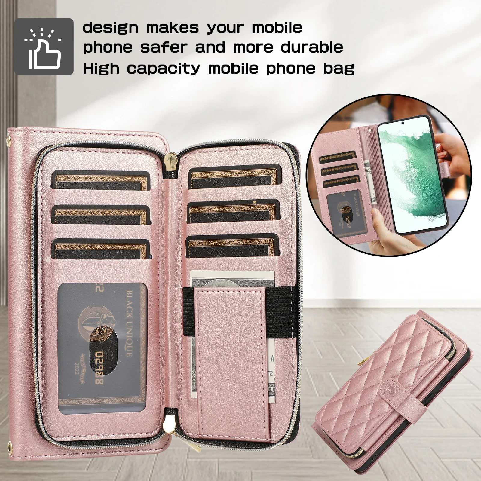 Cards Bag Zipper Wallet Purse Pocket Leather Case For Samsung Galaxy S23 S24 Ultra S22 Plus S21 FE A14 A54 A34 A53 Strap Cover