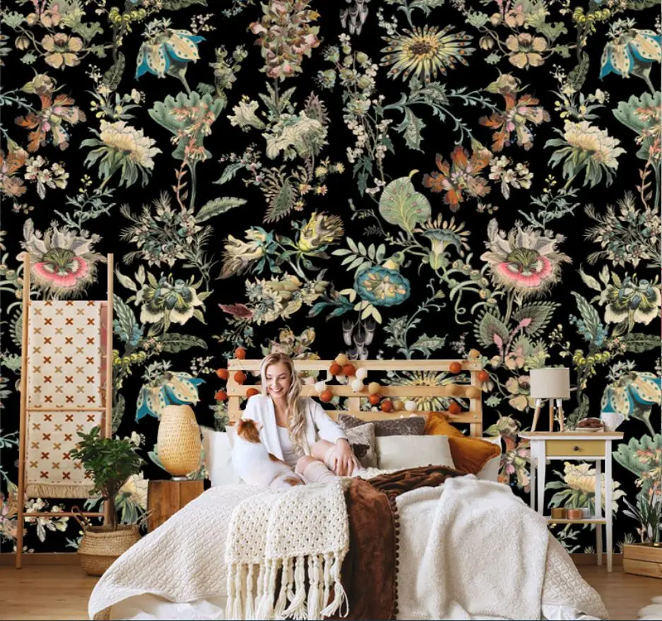 

Custom Pink Flowers wallpaper mural fashion light luxury pink black flower wallpaper TV background wall papel de parede Stickers