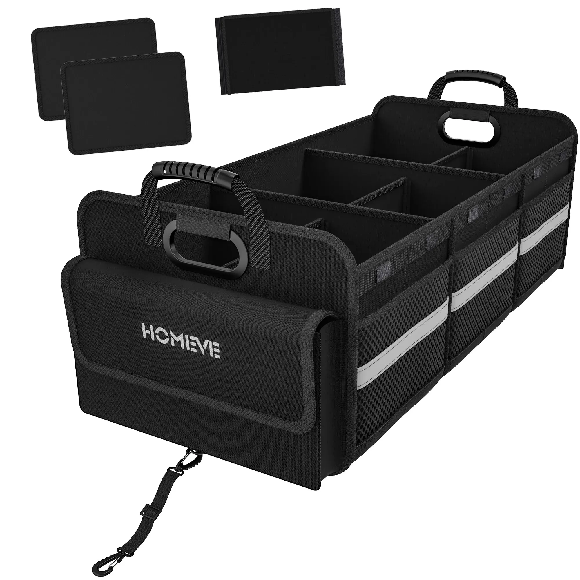 Omeve Collapsible Storage Box, 6 Compartment, Multi Pockets, Non Slip Velcro Strips, 2 Adjustable Securing Straps, Black