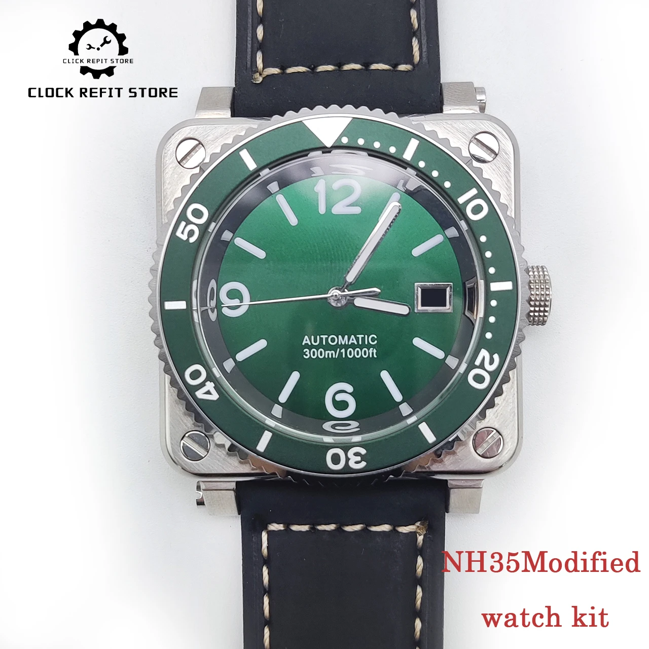Square NH35 Men's Watch Set Green Gradient Dial Luminous Hands Aluminum Bezel Sapphire Crystal Exhibition Back Leather Strap