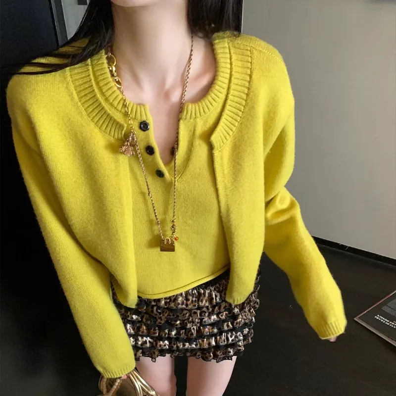 Fake Two Pieces Stitching Casual Long-sleeved Sweater Women 2025 Autumn New O-neck Buttons Loose All-match Knitted Tops