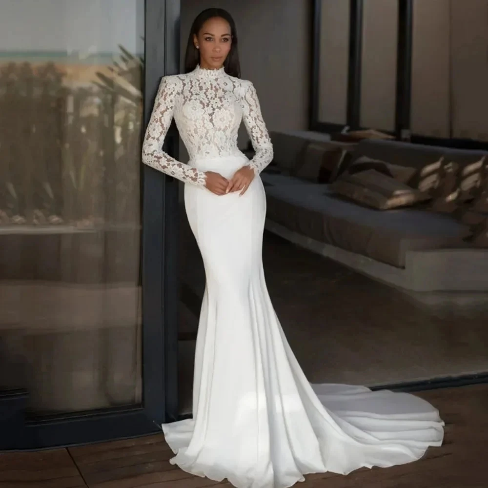 

New Arrival Wedding Dress High Neck Long Sleeves Top Lace Satin Mermaid Bride Dresses Bridal Gowns Vestidos De Noiva