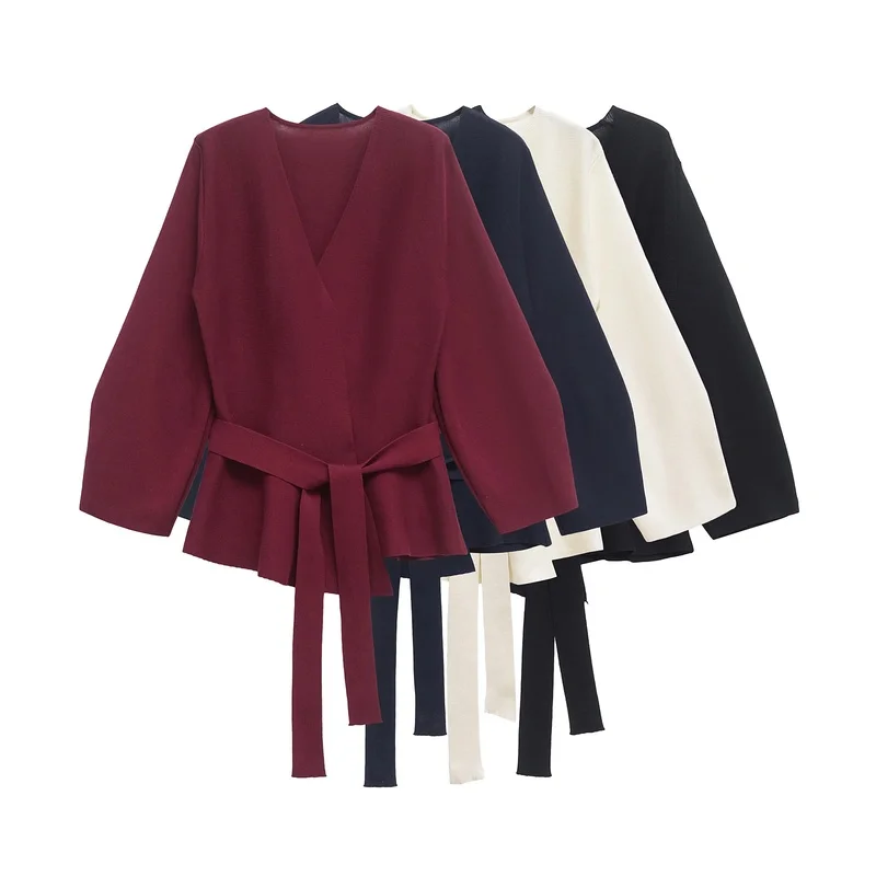 2024 Women Fashion Shoulder Pad Belt Knit Blazer Women Retro V-neck Long Sleeve Versatile Female Coat