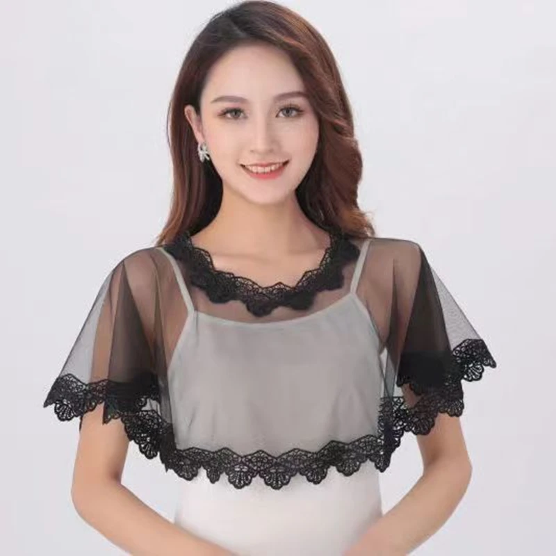 

Black Floral Lace Shawl Wrap Fake Collar Women Summer Thin Mesh Loose Pullover Wedding Bridal Tulle Shrug Cape