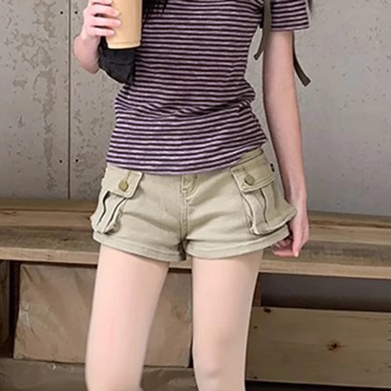 

Женские рабочие джинсовые шорты цвета хаки с большими карманами, новые летние уличные брюки в стиле панк, хип-хоп, американские винтажные регулируемые шорты 2000-х годов