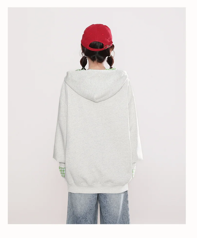 2025 Spring and Autumn New American Style Women's Apple Embroidery Plaid Hooded Gray Sweatshirt Blue Loose High Waist Jeans