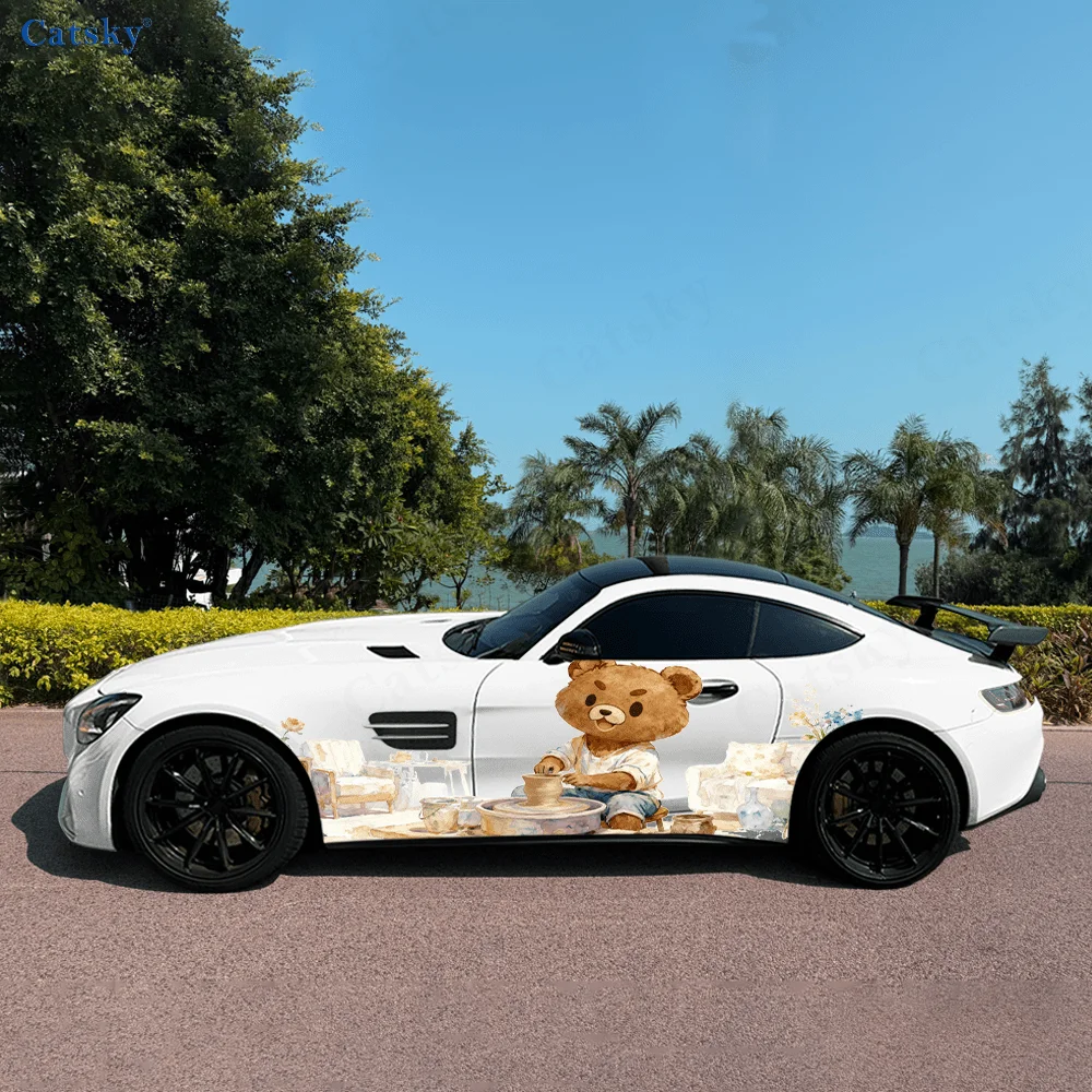 Cute pajama teddy bear creative pattern stickers for car body and door side, fashionable stickers, two pieces of decoration suit