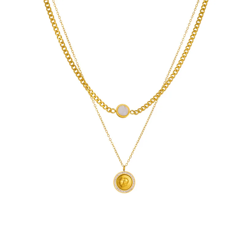 316L Stainless Steel New Fashion Fine Jewelry 2-Layer Seashells Zircon King Coin Charm Chain Choker Necklaces Pendants For Women