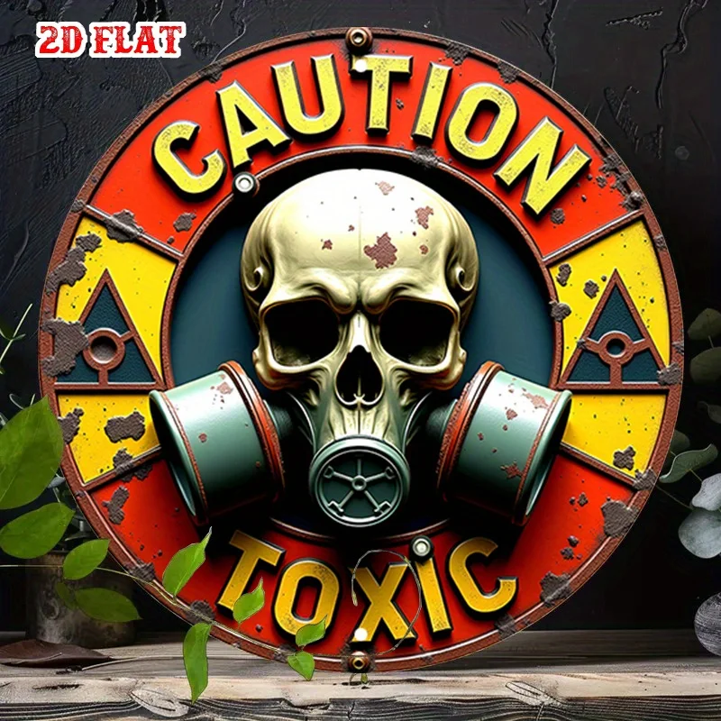 [2D Flach] 1 Stück Vintage Metall Totenkopf & Gasmaske Wandkunst - 7,8x7,8 Zoll Rundes Schild mit "VORSICHT GIFTIG" Aufdruck, Gelber & Roter Rand