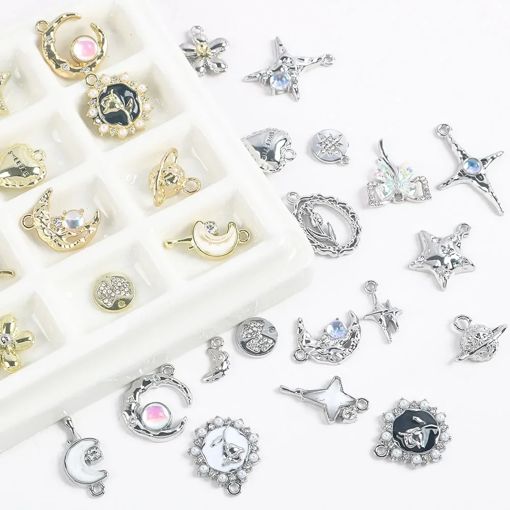2pcs/set  Heart Cross Moon Star Shape Love Alloy Y2k Crystal Charm 3D Nail Art Decorations DIY Jewelry Accessory