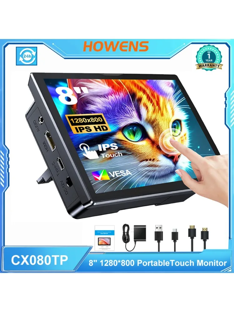 HOWENS Premium 8 Inch Touchscreen Monitor 1280x800 16:10 Widescreen HDMI voor DIY-projecten & Touchscreen Display met ingebouwde ventilatoren en speakers