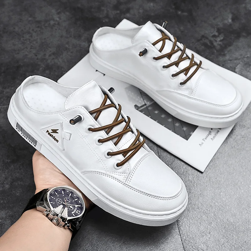 ClaWave Men's Breathable Canvas Mule Sneakers Slip-On Casual Backless Shoes Lightweight Summer Slippers White Beige Black