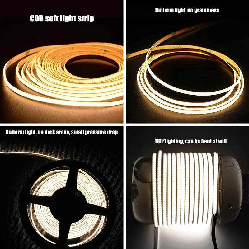 5M/roll 4Mm 480Leds Cob Light Bar Ultra Narrow High Density Flexible 120 Chips Led Strip for Cabinet Aluminum Profile Car Decor