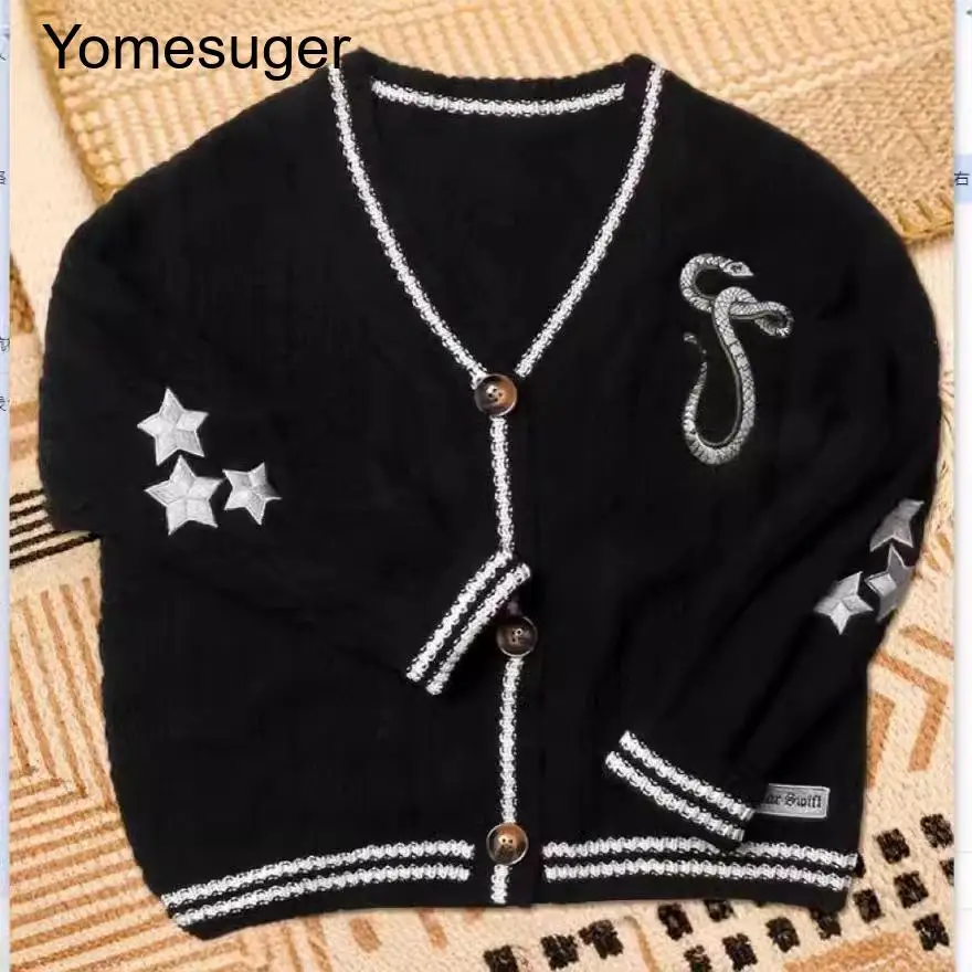 

Yomesugar женский свитер с вышивкой звезд, кардиган, повседневное однобортное вязаное пальто большого размера с v-образным вырезом и длинными рукавами, уличная одежда