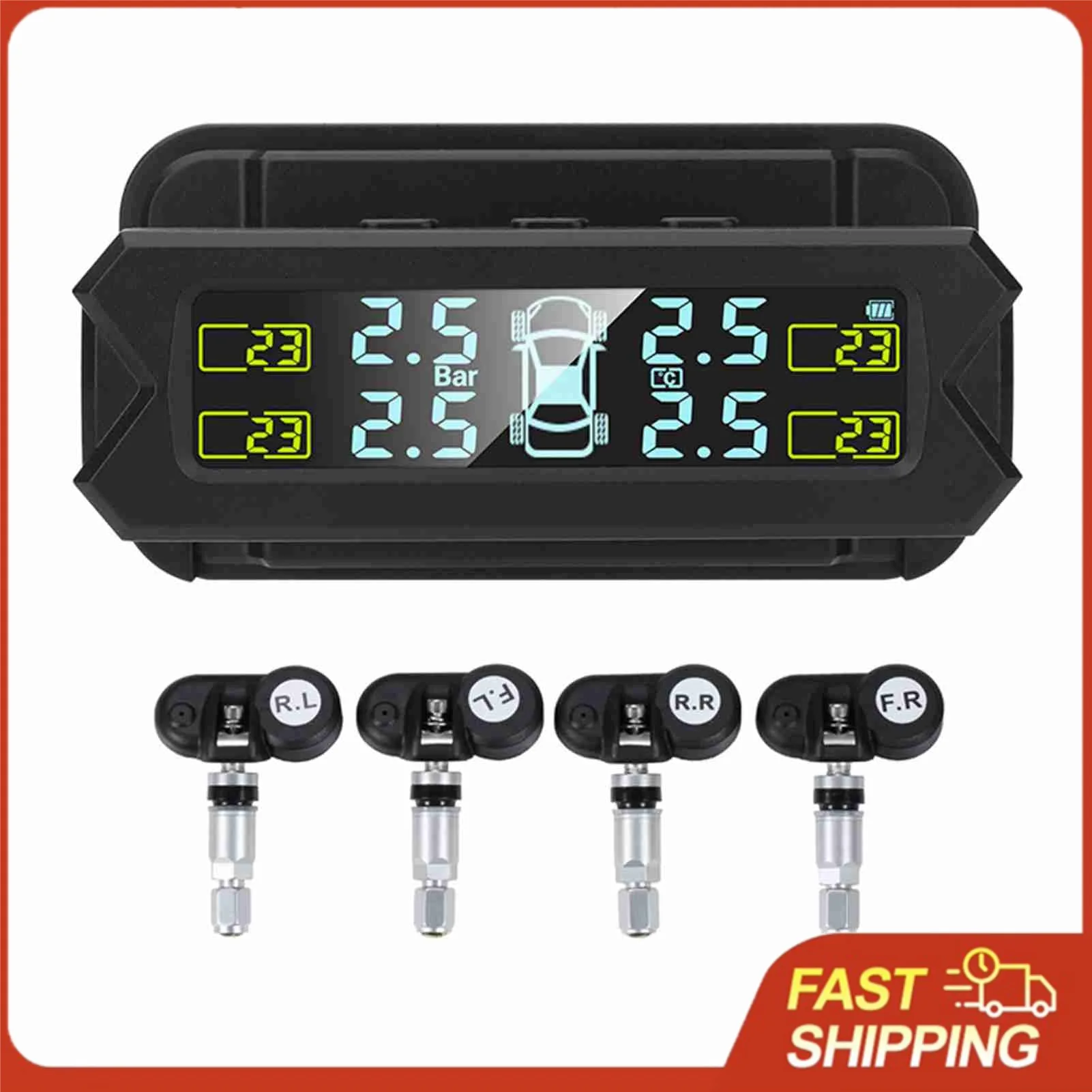 4 TPMS Sensors Solar  Tire Pressure Monitoring LCD Screen Auto Backlight Solar Powered Tire Pressure Monitoring System