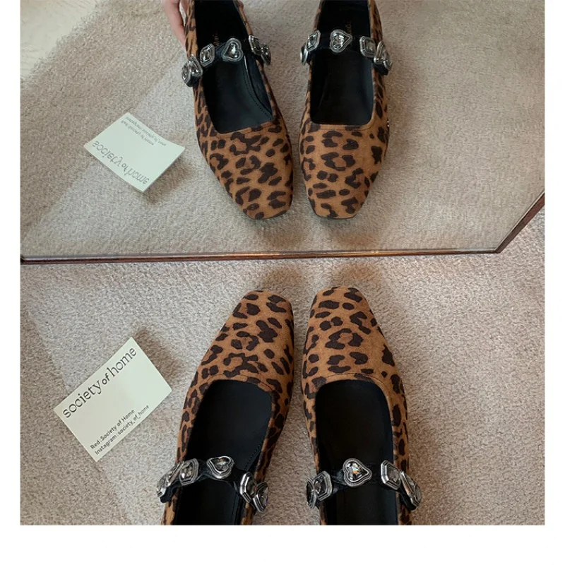 Temperament Square Toe Love Leopard Print with Diamond Shallow Mouth Mary Jane Pumps Women