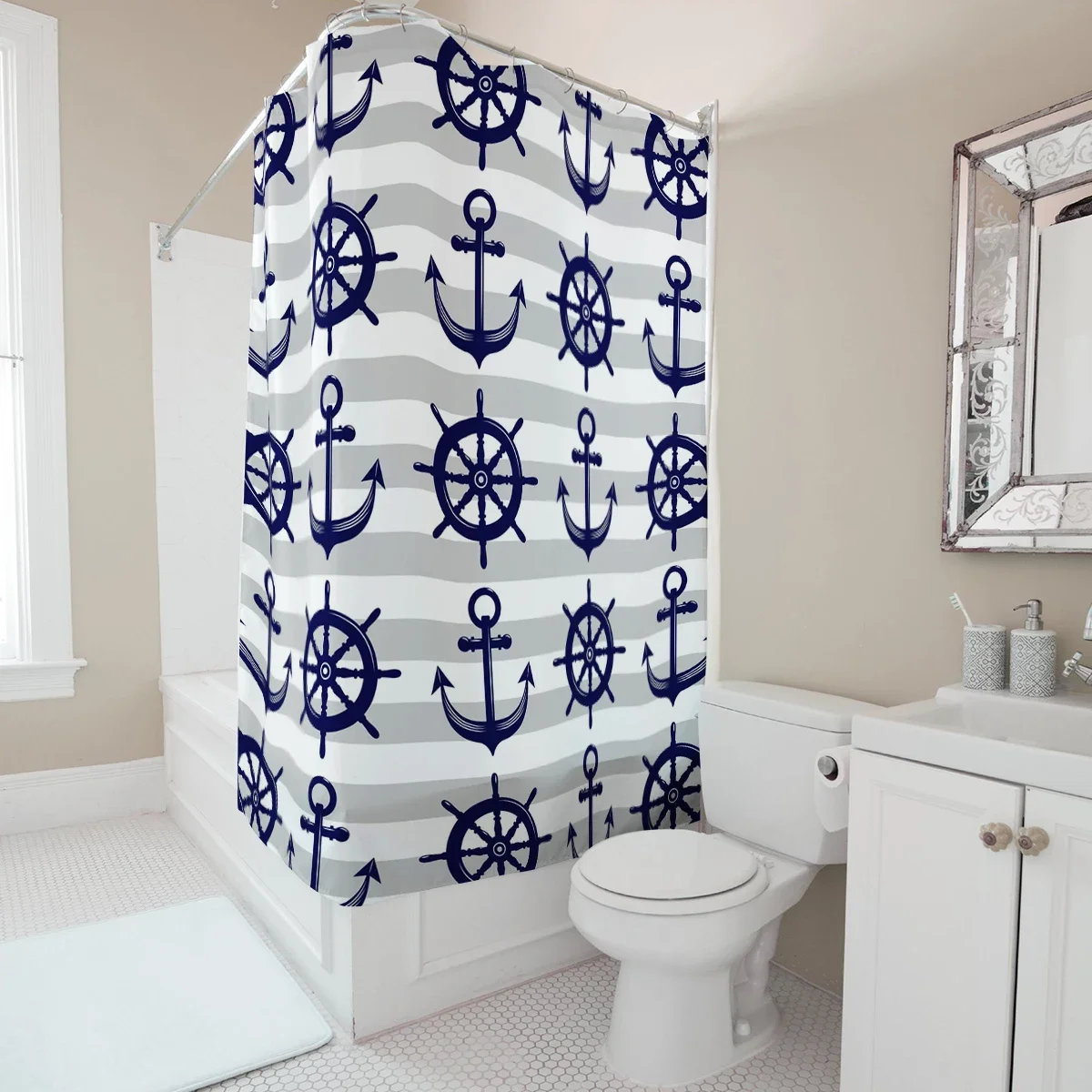 Custom Name Nautical Shower Curtain Anchor Theme Waterproof Fabric Bathroom Decor Marine Style Bath Curtain for Home Hotel