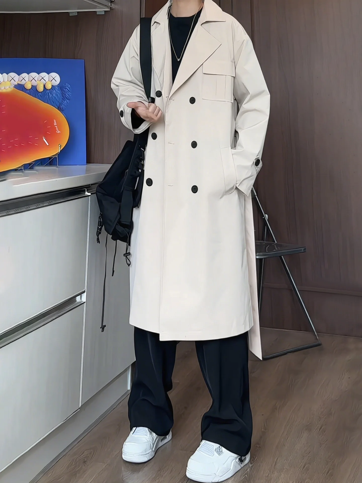 

Khaki Double-Breasted Men's Coat Autumn Medium-Length Korean Sle Briti Suit Knee-Length Civilian Jaet Faionable Youth...