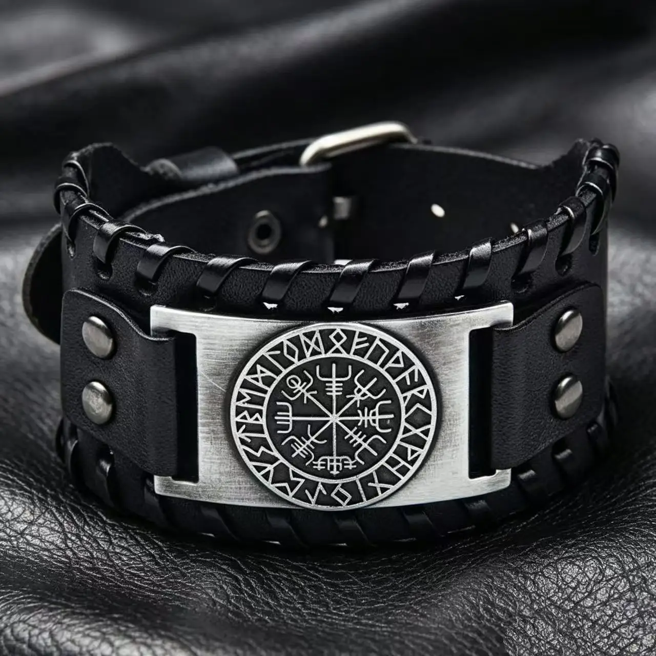 HNSP Viking Rune Leather Bracelet For Men Punk Street Style Jewelry Accessory