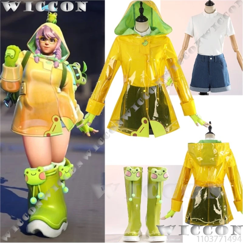 

Meiling Zhou Game Xiaomei Raincoat Cosplay Green Yellow Coat Suit Glasses Cute Frog Rainshoes Women Girl Party Outfit Customized