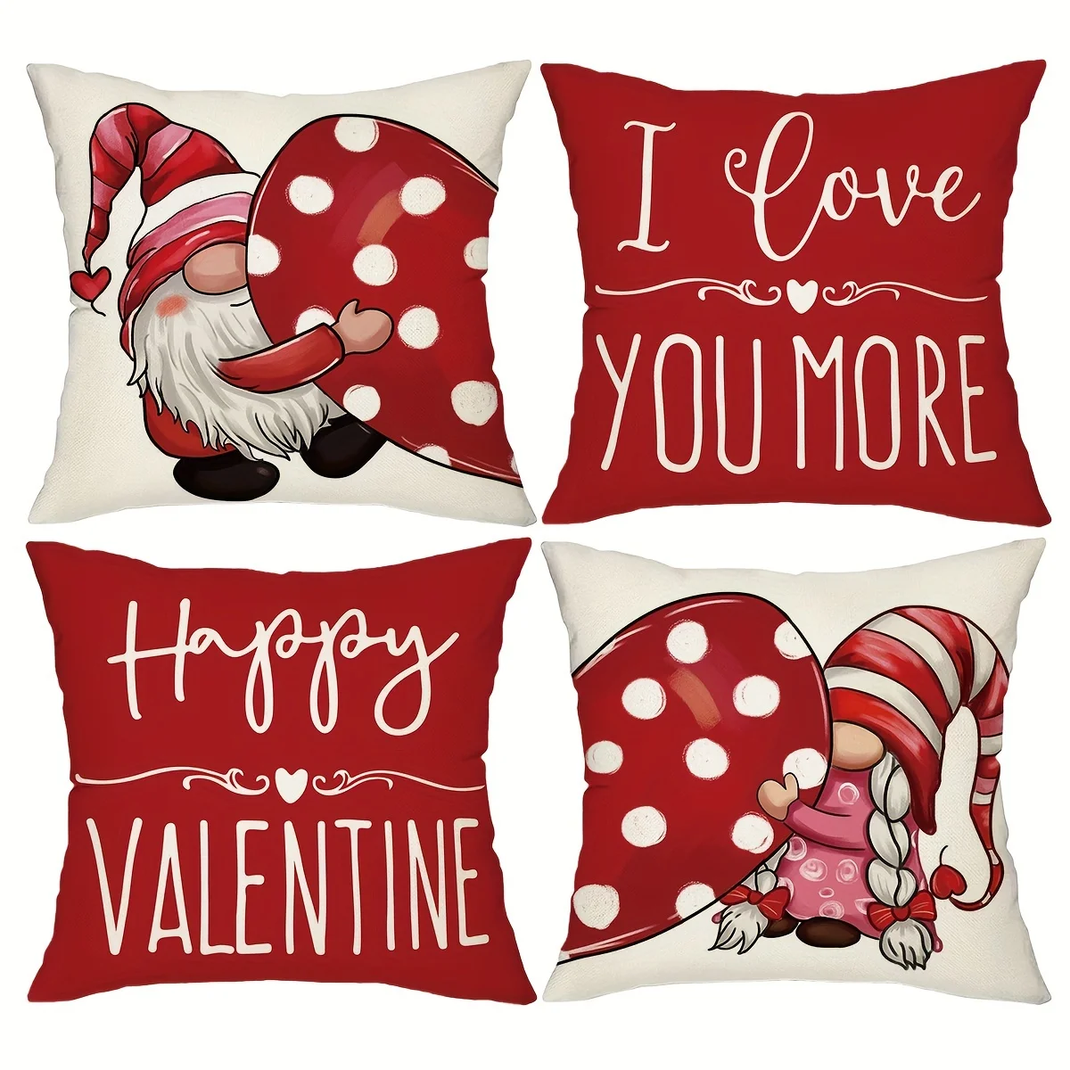 Valentine's Day Pillow Cover Set - Red Polka Dot & Love Heart Gnomes Design | Decor for Couch/Living Room (Inserts Not Included)