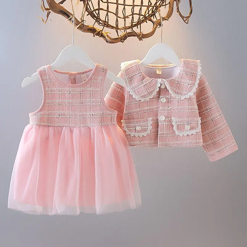 2023 Spring Girls Fashion 2pcs Plaid Dress Baby Kids Children Clothing Set Including Coat+ Dress