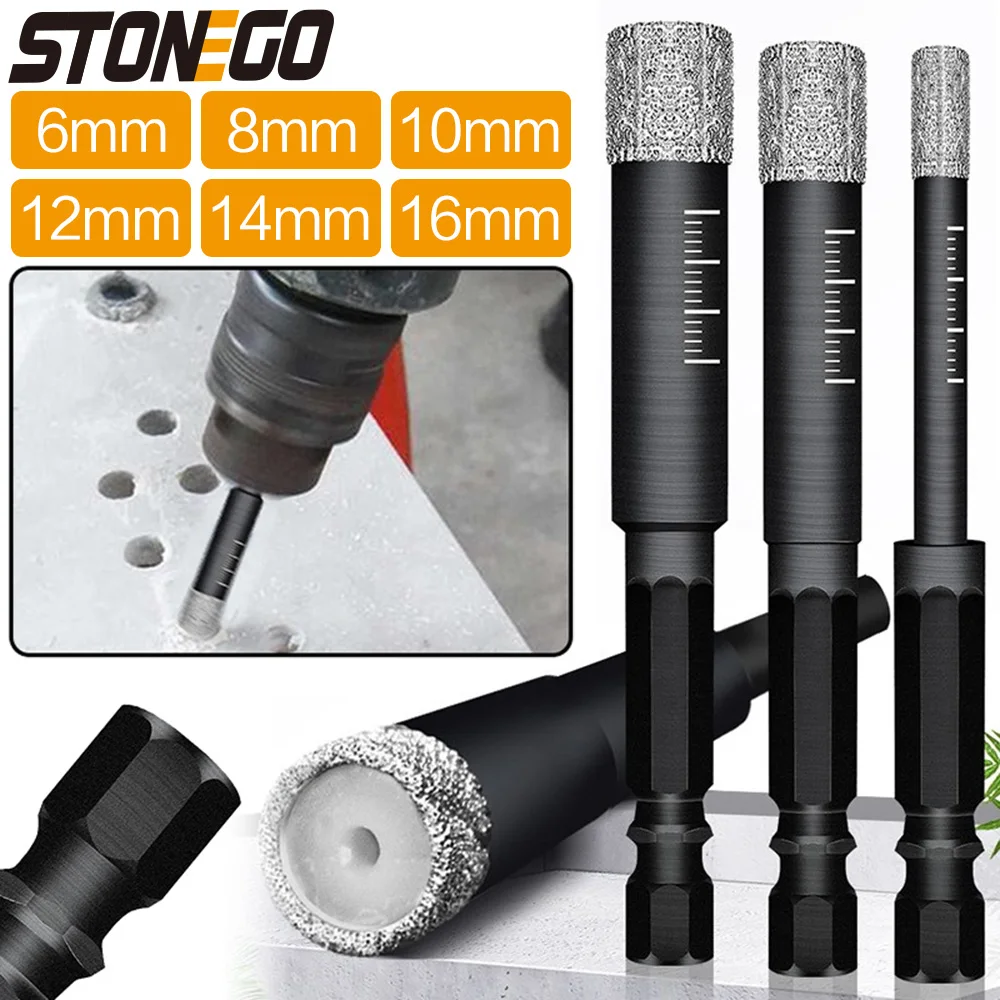 STONEGO Diamond Drill Bit - Dry Drilling, Hex Shank - Hole Saw for Ceramic, Porcelain, Granite, Marble Tile - 6/8/10/12/14/16mm