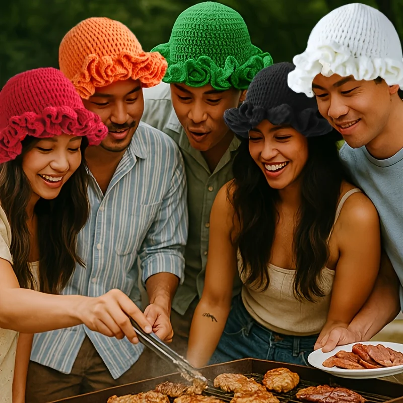 Casual Cute Elegant Retro Street Style Ruffled Knitted Bucket Hat Suitable for Everyday Wear and Holiday Outings