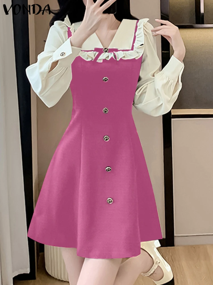 VONDA Women Patchwork Mini Dress Bohemian Sundress 2025 Casual Loose Short Robe Oversized A-Line Turn-down Collar Vestidos