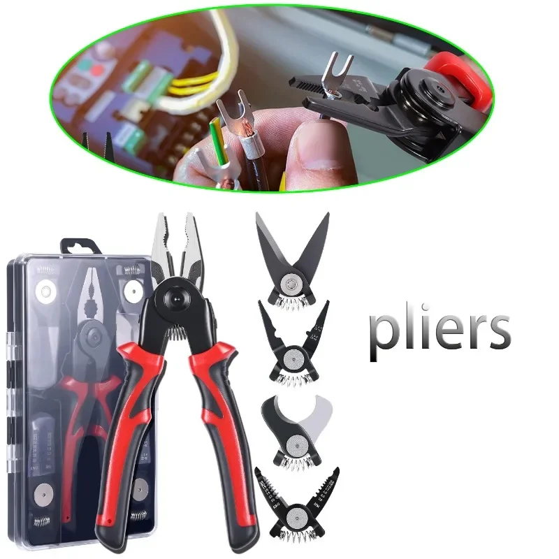 

Multifunction 5 in 1 Interchangeable Head Pliers Set Wire Cutters Vice Wire Stripper Professional Needle Nose Crimping Pliers