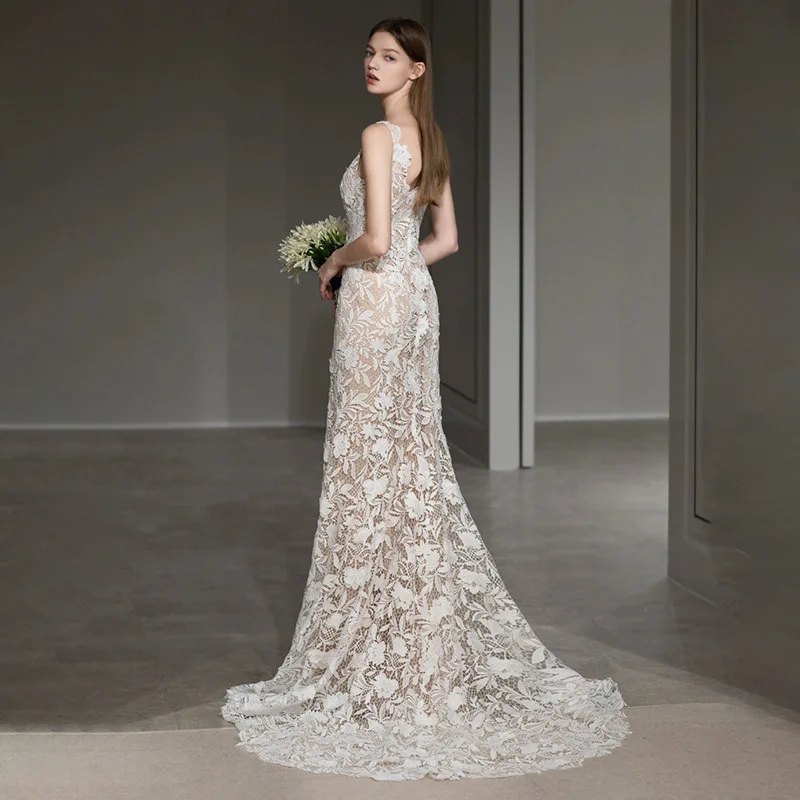 프렌치 스타일 라이트 럭셔리 화이트 레이스 캐미솔 웨딩드레스 2025 신상 가을 피쉬테일 약혼식 라이트 웨딩드레스
