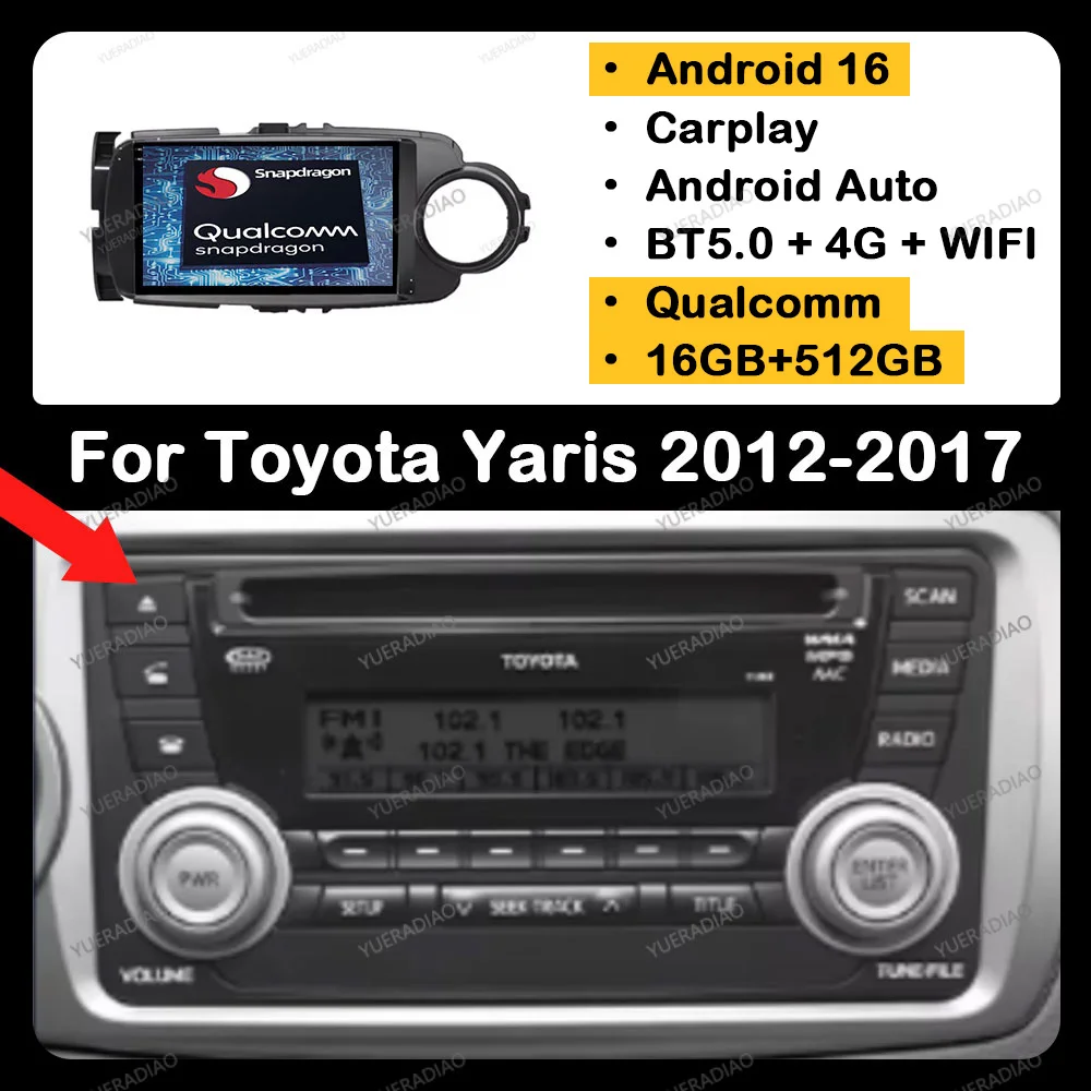 

Android 16 Car Radio For Toyota Yaris 2012 - 2017 Multimedia Stereo Video Player NAVI GPS Carplay Auto 4G LTE 5G WIFI Head Unit