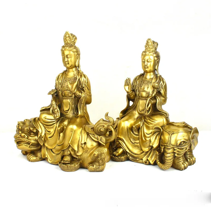 Manjushri Samantabhadra Buddha Figurine with Green Lion and White Elephant, Home Decor Brass Metal Craft Ornament