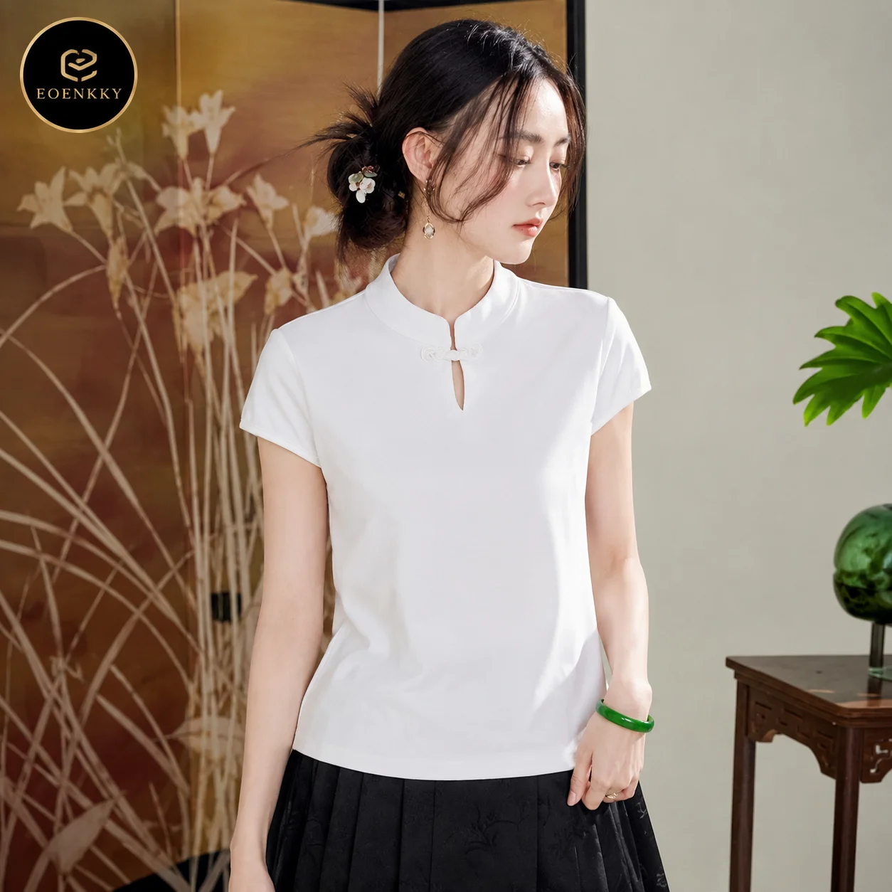 EOENKKY Women Chinese Style T Shirt 95% Cotton Mandarin Collar Frog Button Short Sleeve Summer Top White Black Red S-3XL