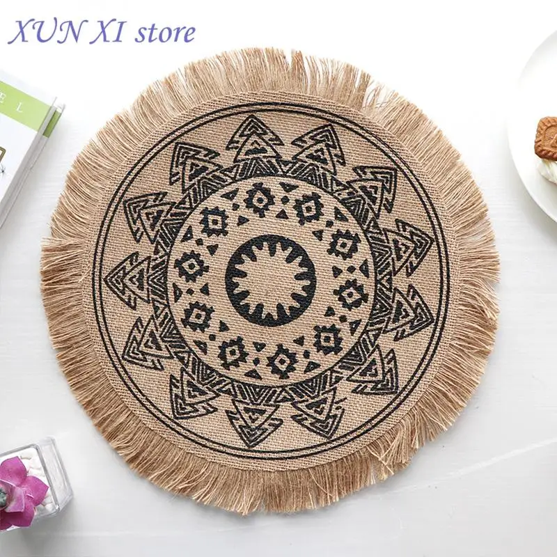 New 4PCS Bohemian Woven Cotton Placemat Woven Linen Table Mat Flower Insulation Dining Insulation Pad Embroidery Kitchen Decor