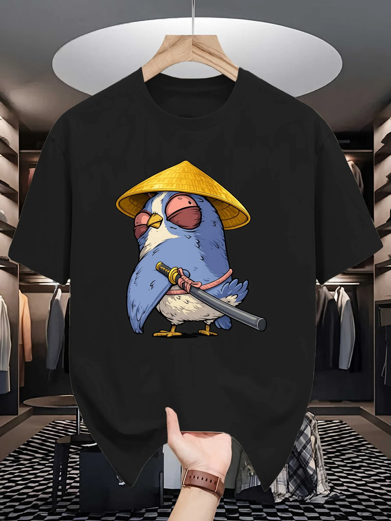 Samurai Bird Mens Crew Neck T Shirt Blue Warrior Bird Straw Hat Katana Japanese Cartoon Graphic Short Sleeve Casual Street Tops