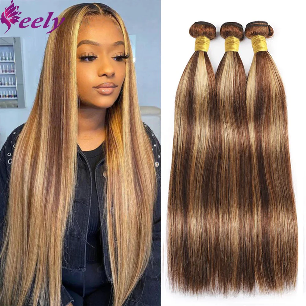 

Highlight Straight Bundles Human Hair P4/27 Honey Blonde Brazilian Remy Human Hair Double Weft Weave Extension 30 Inch 3 Bundles