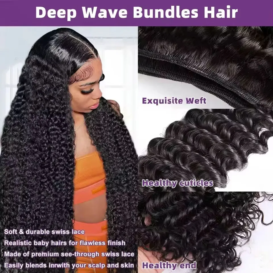 Paquetes de cabello humano con onda profunda, 24 26 28 pulgadas, rizos profundos, cabello natural brasileño crudo para mujer 2