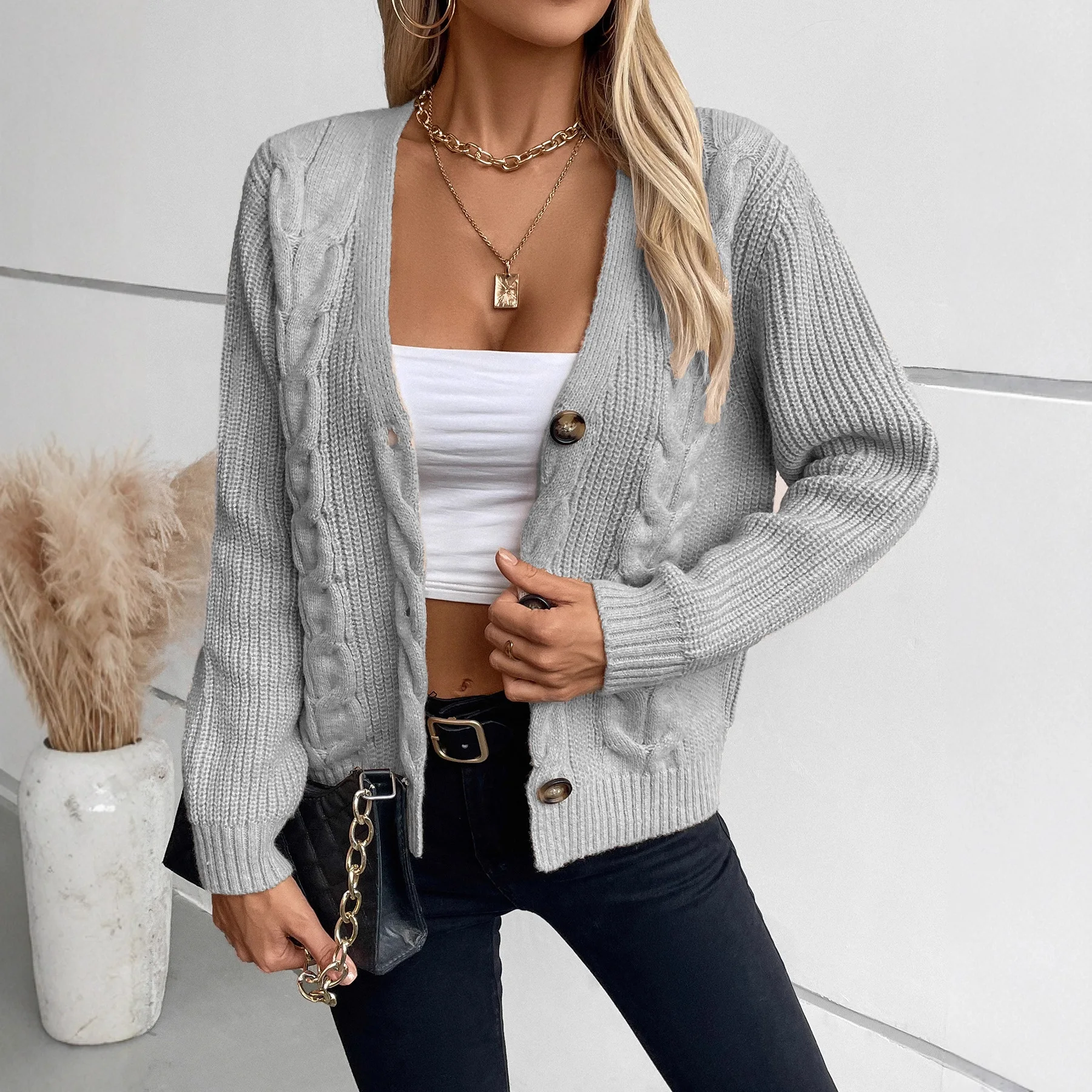 

Ретро-кардиган на одной пуговице, однотонный, вязаный, с узором косы, для женщин, осень-зима, новый стиль, винтажная женская верхняя одежда