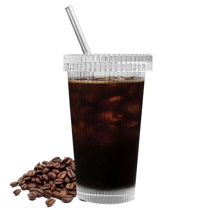 Aesthetic Glass Cup Glass Coffee Cups With Lids And Straw Food Grade Glass Coffee Bar Accessories 375ml Portable Glasses For Tea