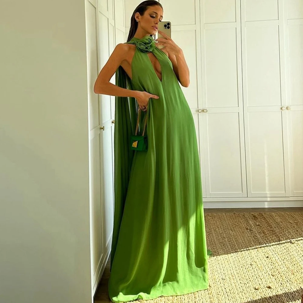 Fashion Green Floral Prom Gowns A Line Chiffon Maxi Dresses For Women Custom Made Sexy Prom Gown Long Cloak Party Wear