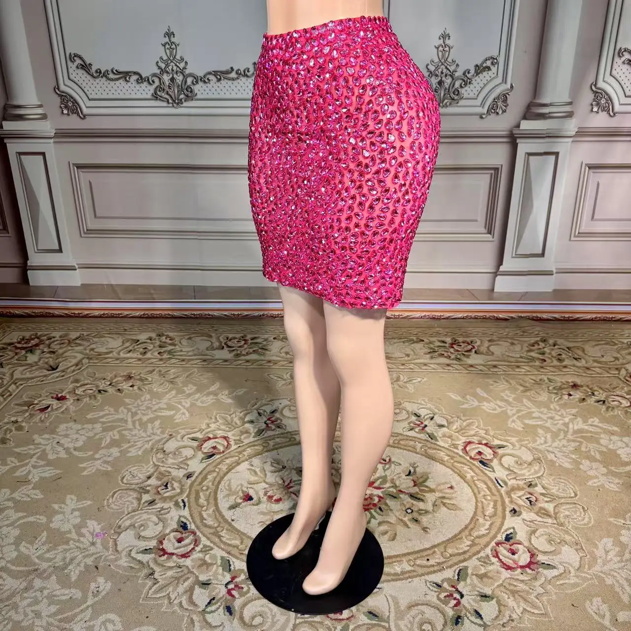 Pink Bling Silver Rhinestones Skirt Sexy Stage Stretch Mesh Outfit Dance Stage Birthday Celebrate Performance Photoshoot Skirt