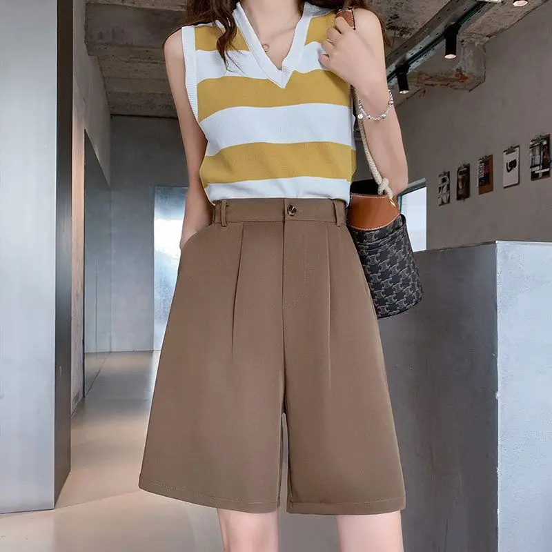 2023 Summer Commuter Simple High Waist Button Panel Pocket Straight Slender Loose Relaxed Sports Women's Wide Leg Middle Pants