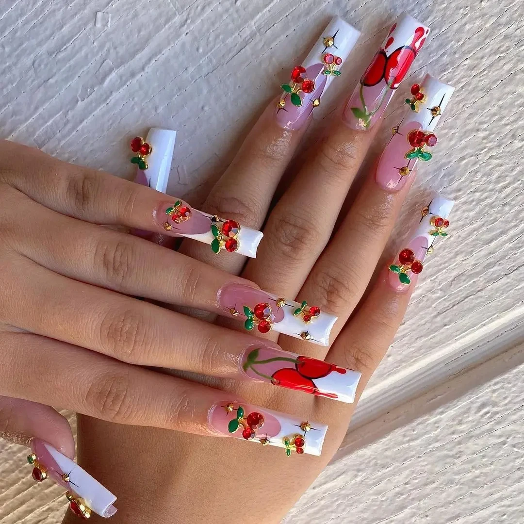 20 sztuk / worek 3D Cherry Design Nail Charms Red Cherry Crystal Rhinestone Nail Gems Glitter Diamond Stud Fruit Nail Art Decoration