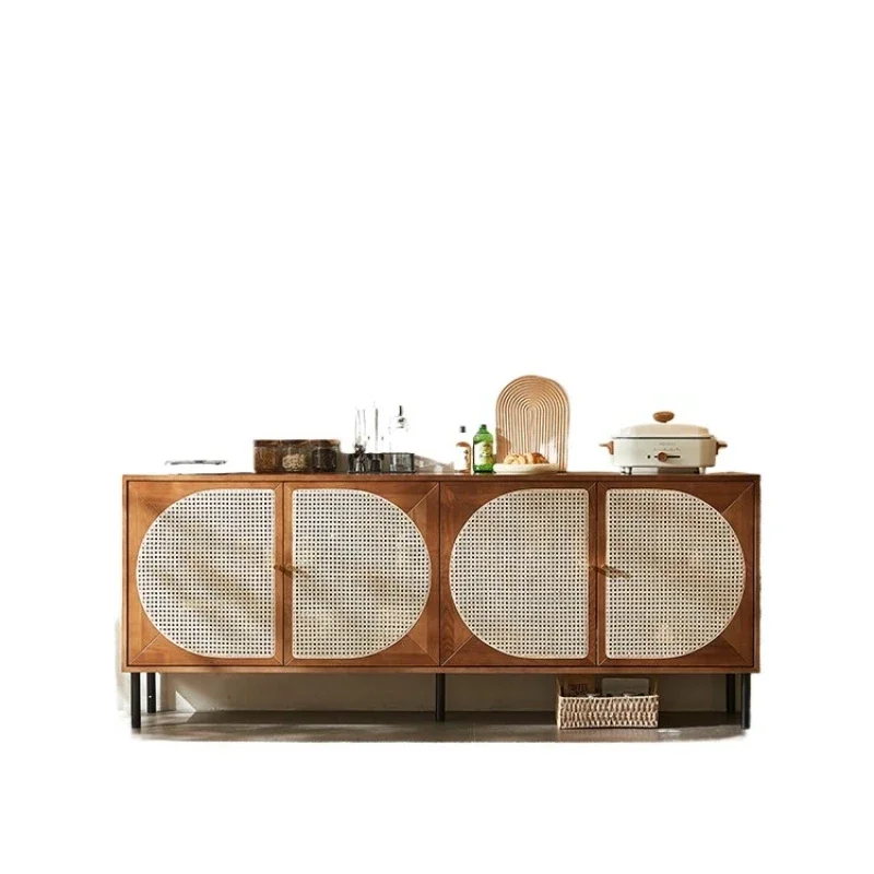 

Medieval solid wood rattan dining side cabinet, small apartment living room tea storage wabi sabi entrance cabinet